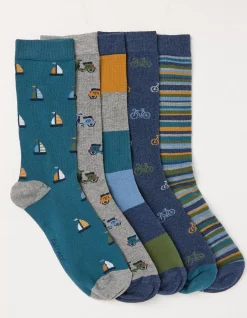 Men FatFace View All|5 Pack Vehicle Stripe Socks