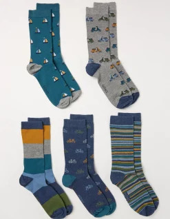 Men FatFace View All|5 Pack Vehicle Stripe Socks