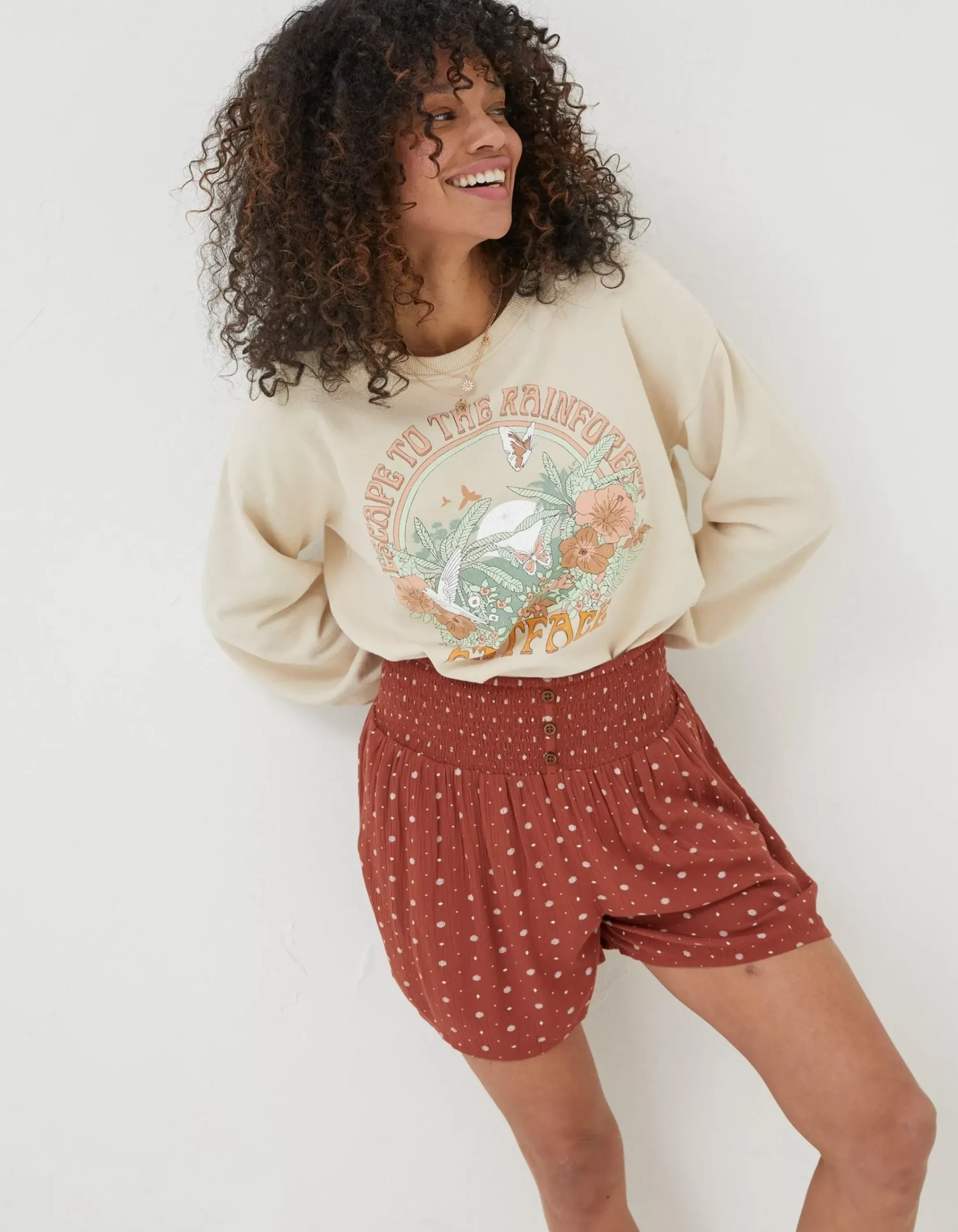 Women FatFace Shorts|Shirred Clip Geo Shorts