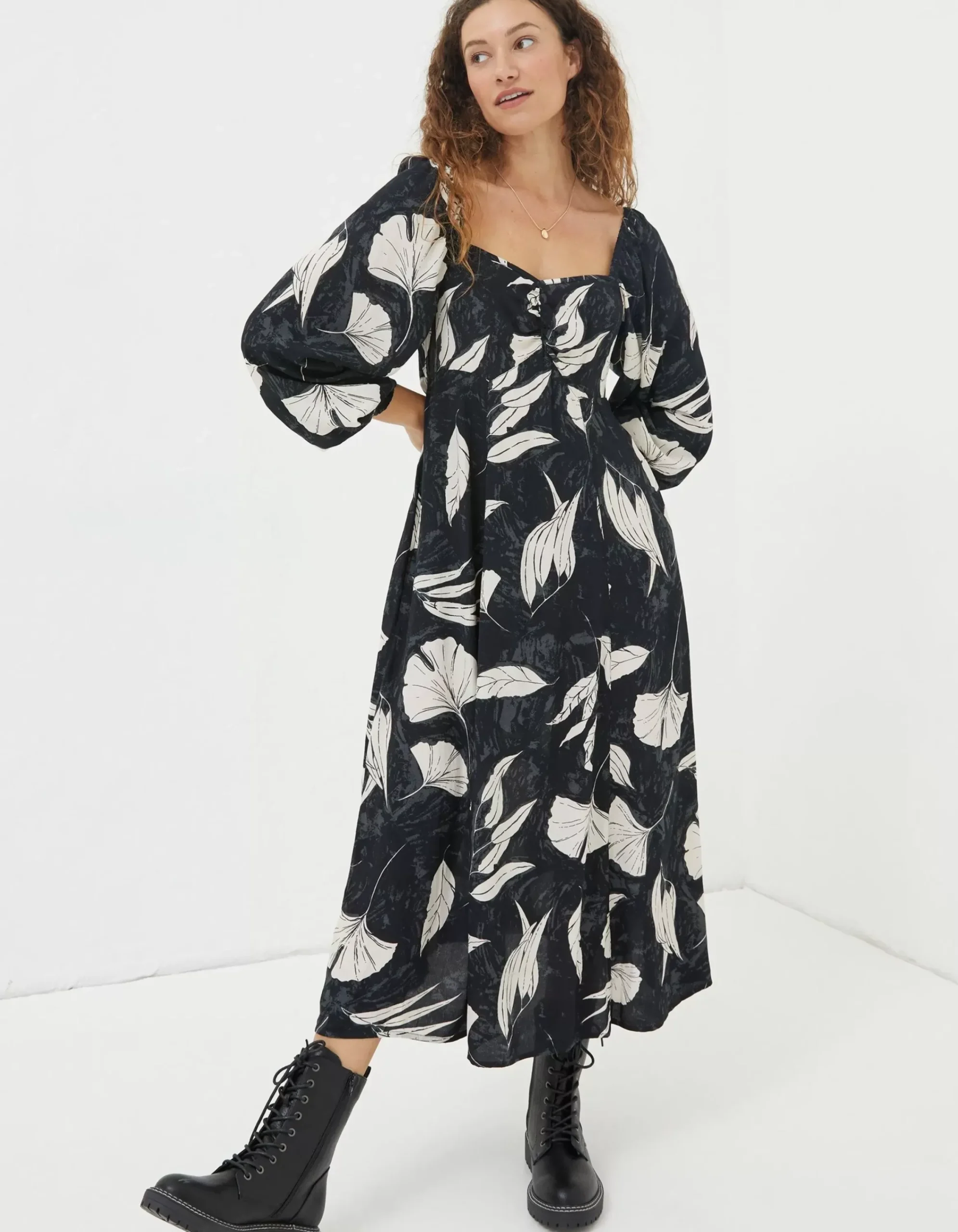 Women FatFace Dresses|Tessa Twilight Leaves Midi Dress
