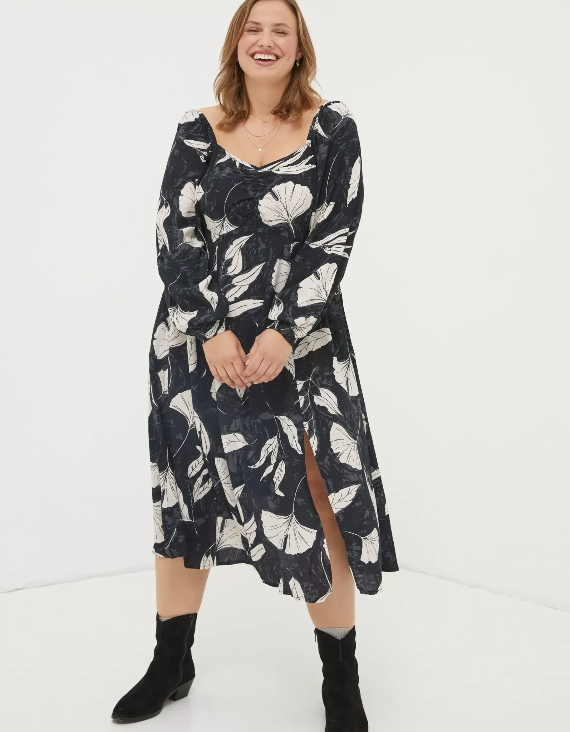 Women FatFace Dresses|Tessa Twilight Leaves Midi Dress